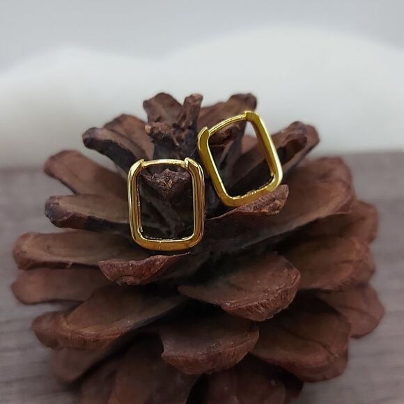 925 Sterling Silver Rectangle Gold Huggies Earrings - Picture 7 of 11